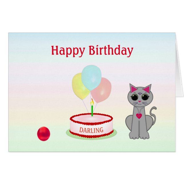 Birthday cat, cake & balloons on pastel color Card (Front Horizontal)