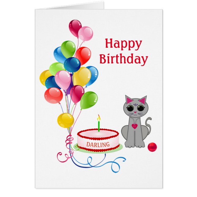 Birthday cat, cake & multicolored balloons on Card (Front)