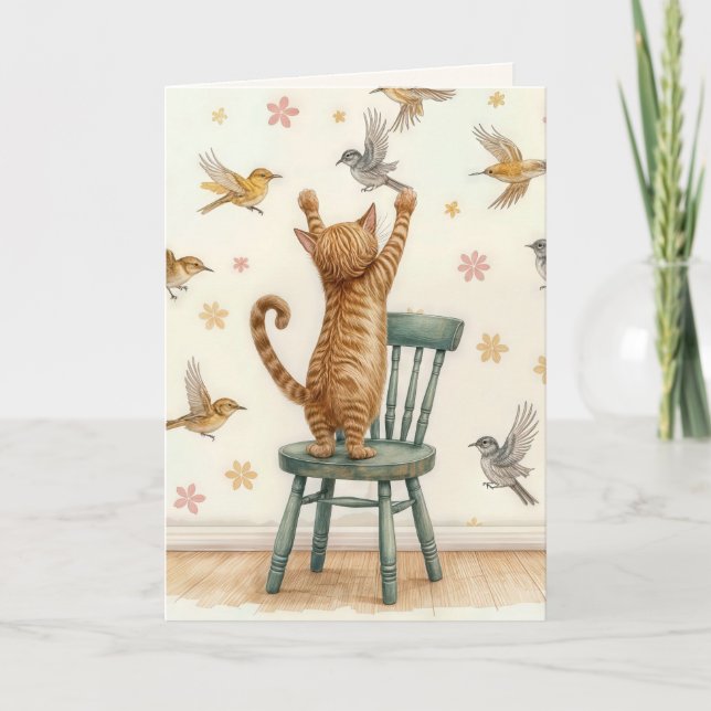 Birthday Cat Catching a Bird On Wallpaper Card (Front)