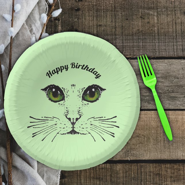 Birthday Cat Face in Black Green Eyes Whiskers Paper Plate (Face of cat drawn in black with intense green eyes and whiskers on green Happy Birthday paper bowl.)
