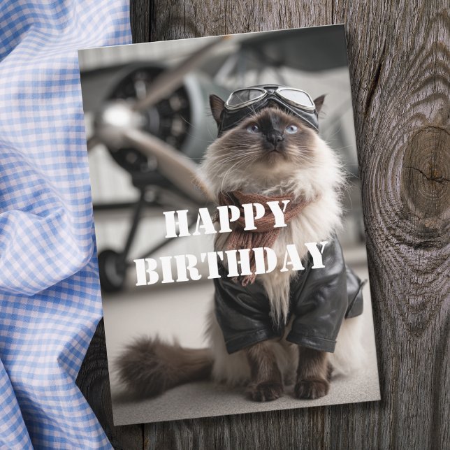 Birthday Cat Pilot Aeroplane Cool Funny Aviation Card (Creator Uploaded)