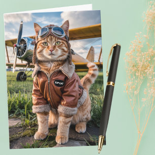 Birthday Cat Pilot & Aeroplane Funny Aviation Card
