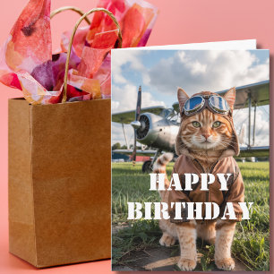 Birthday Cat Pilot Photo & Aeroplane Funny Aviatio Card