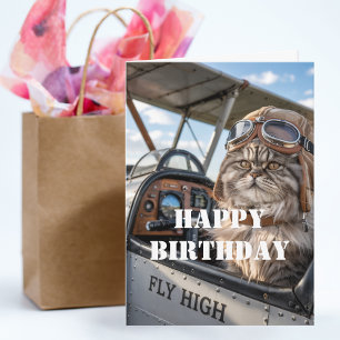 Birthday Cat Pilot Photo & Aeroplane Funny Aviatio Card