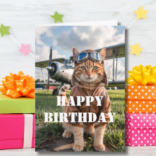 Birthday Cat Pilot Photo & Airplane Funny Aviation Card