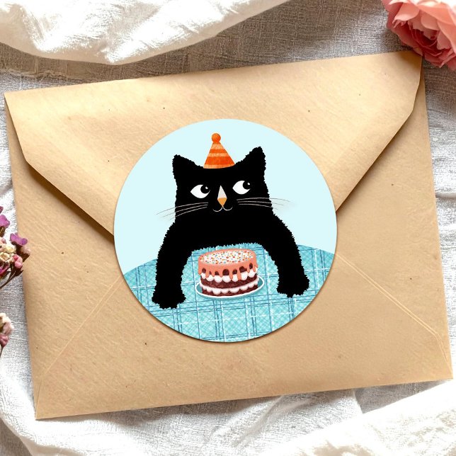 Birthday cat wit Birthday cake and hat Square Stic Classic Round Sticker (Creator Uploaded)