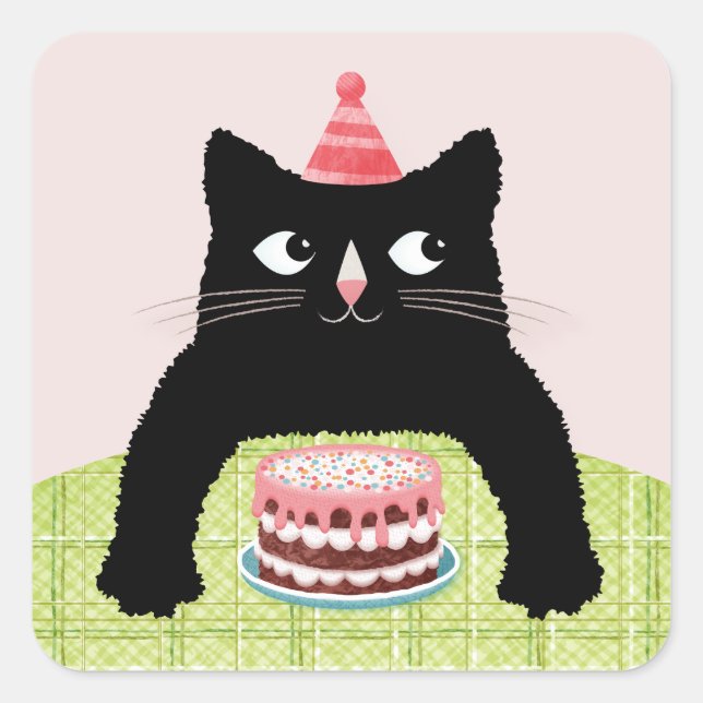 Birthday cat wit Birthday cake and hat Square Sticker (Front)