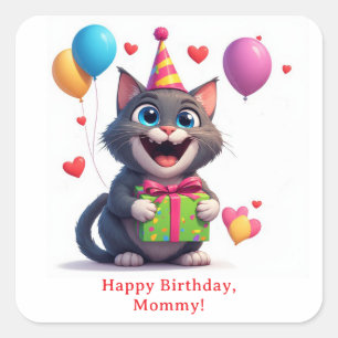 Birthday Cat With Gift And Big Eyes 🎁 Square Sticker