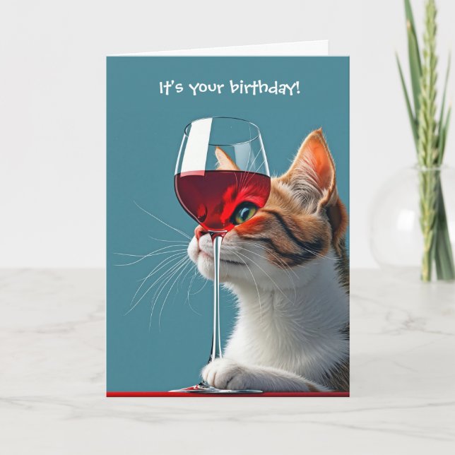 Birthday Cat With Glass of Red Wine Card (Front)
