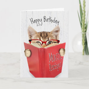 Birthday Cat with Glasses and Red Book Card