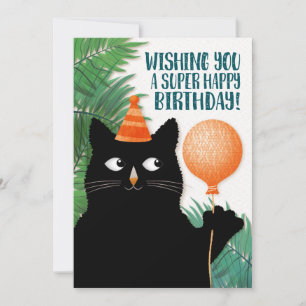Birthday cat with party hat and balloon card