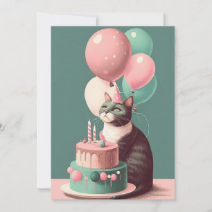 Birthday Cat with Party Hat Flat Greeting Card