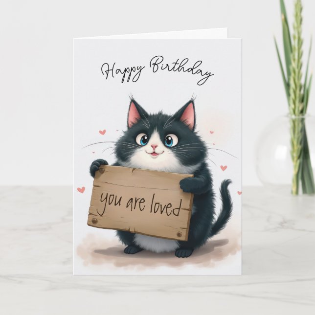 Birthday Cat With Wood Sign Holiday Card (Front)