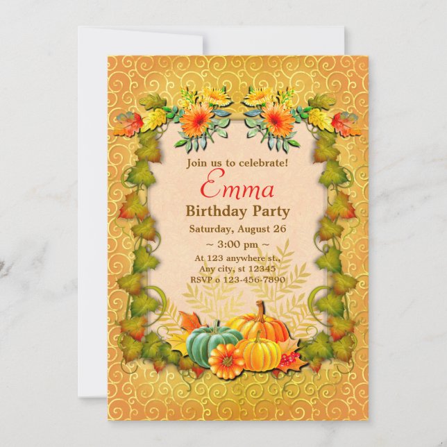 Birthday Celebration Fall Leaves Cute Modern Invitation (Front)