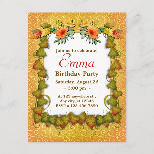 Birthday Celebration Fall Leaves Cute Modern Postcard (Front)