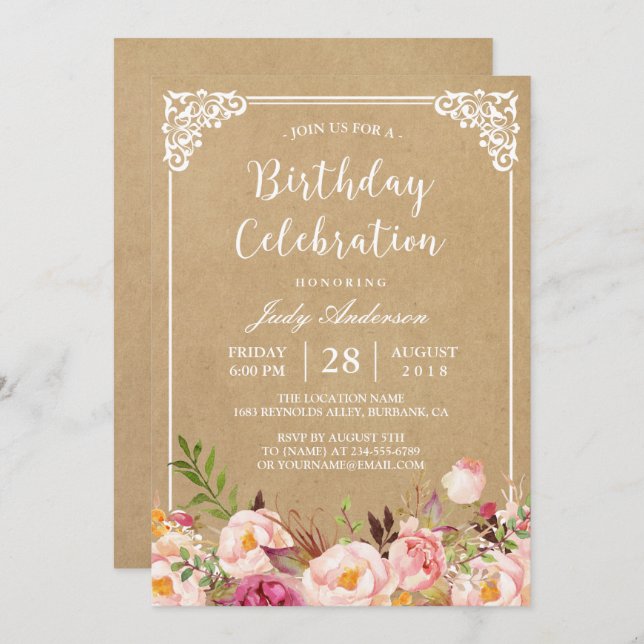 Birthday Celebration | Rustic Floral Frame Kraft Invitation (Front/Back)