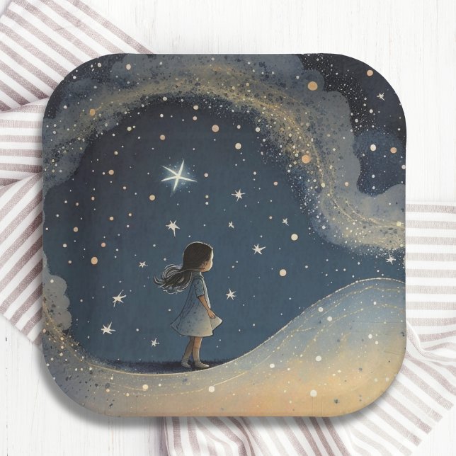 Birthday Celestial Star Watercolor Girl Modern Paper Plate (Creator Uploaded)