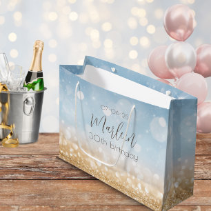 Birthday champagne sky blue sparkling gold shimmer large gift bag