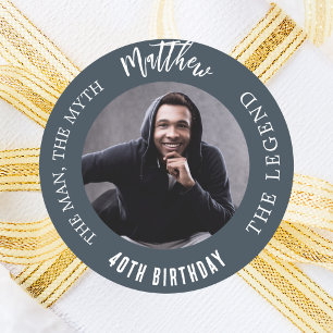 Birthday charcoal grey photo man myth legend classic round sticker