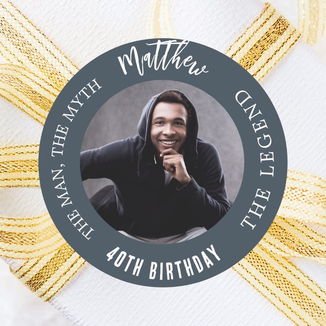 Birthday charcoal grey photo man myth legend classic round sticker (Creator Uploaded)