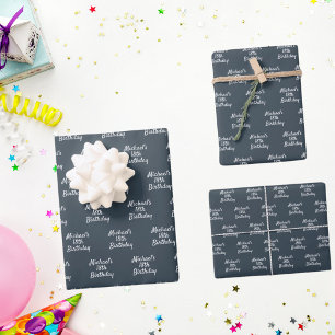 Birthday charcoal grey white name script wrapping paper sheet