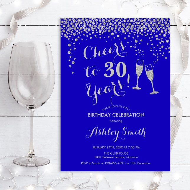 Birthday - Cheers To 30 Years Silver Royal Blue Invitation (Creator Uploaded)