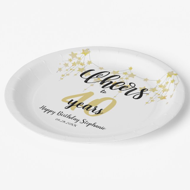 Birthday CHEERS TO # YEARS Black Gold Stars Script Paper Plate (Angled)