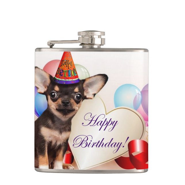 Birthday Chihuahua Dog Hip Flask (Front)