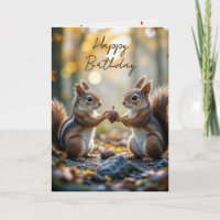 Birthday Chipmunk and Squirrel With Autumn Acorn