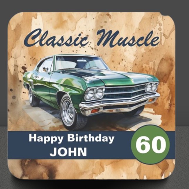 Birthday, Classic Muscle Car Square Paper Coaster ( Let your creativity shine as you customize this classic design for a birthday that's full of style )