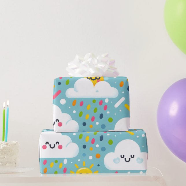 Birthday Clouds Raining Confetti With Smiling Suns Wrapping Paper (Party Gifts)