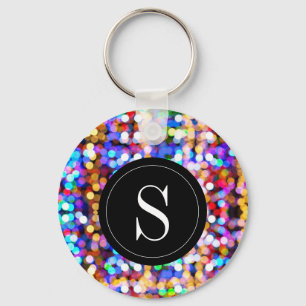 Birthday Colourful Bokeh Lights Monogram Initial Key Ring
