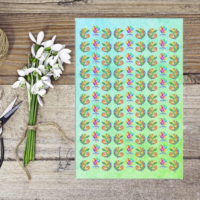 Birthday Colourful Lizards Balloons Blue Green Tissue Paper (Colourful fun lizards with leaf festive balloons on green blue Happy Birthday tissue paper.)