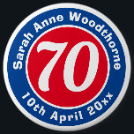Birthday Commemoration with Name, Age, & Date 6 Cm Round Badge<br><div class="desc">Commemorate a significant birthday with a badge which is decorated with the name of the recipient,  as well as their age,  and date of birth. 70th birthday. Age 70.</div>