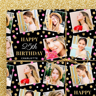 Birthday Confetti Custom Name Photo Collage Pink Wrapping Paper