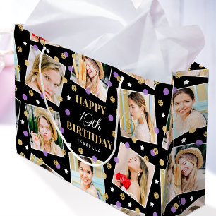 Birthday Confetti Custom Name Photo Collage Purple Large Gift Bag