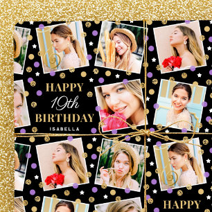 Birthday Confetti Custom Name Photo Collage Purple Wrapping Paper