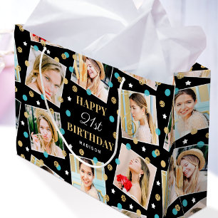 Birthday Confetti Custom Name Photo Collage Teal Large Gift Bag