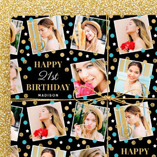 Birthday Confetti Custom Name Photo Collage Teal Wrapping Paper