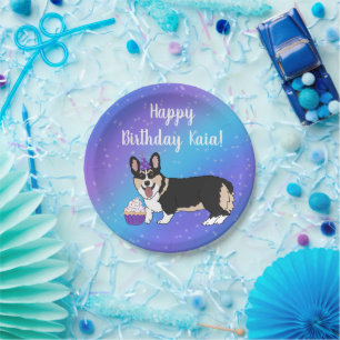 Birthday Corgis Blue And Purple Paper Plate