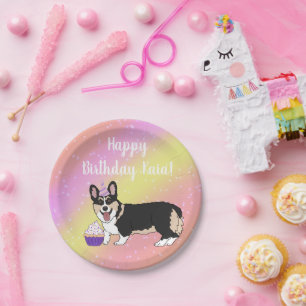 Birthday Corgis pink and orange Paper Plate