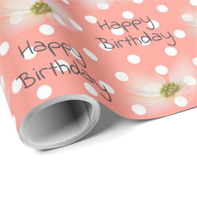 Birthday Cosmos Flowers On Polka Dots  Wrapping Paper (Roll Corner)