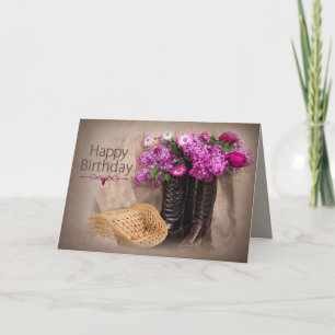 Birthday, Country Boots, Flowers/Lilacs/Tulips Card
