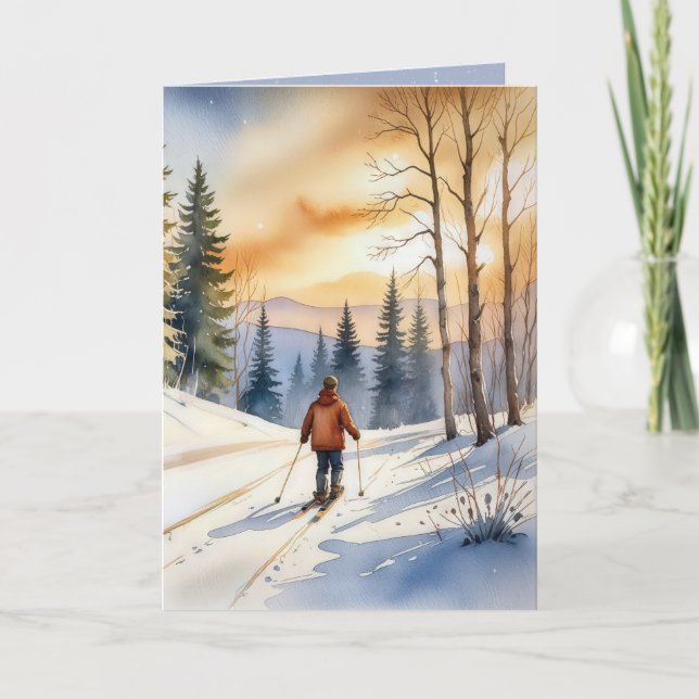 Birthday Cross Country Skier Watercolor Holiday Card (Front)