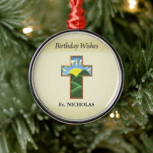 Birthday Cross Priest Personalised Metal Tree Decoration