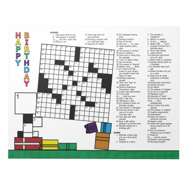 Birthday Crossword Puzzle (70 Clues) Notepad (Front)