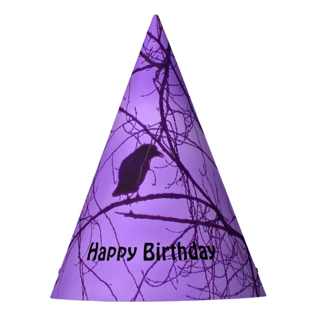 Birthday Crow Silhouette Tree Branches Purple Sky Party Hat (Front)