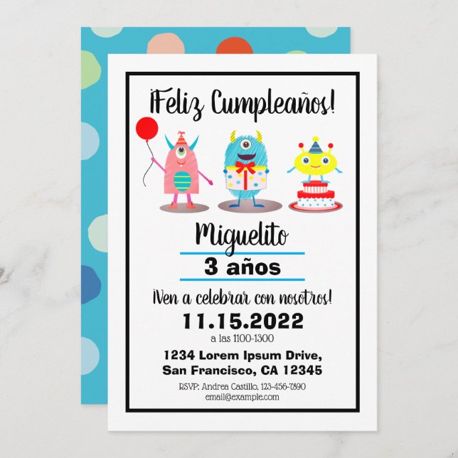Birthday/Cumpleaños Spanish Colourful Monsters  Invitation (Front/Back)