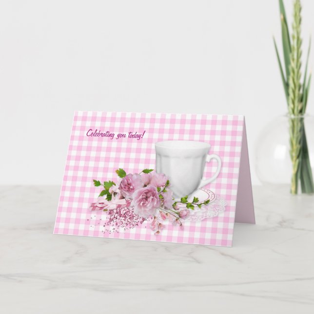 birthday cup and saucer with pink peonies card (Front)