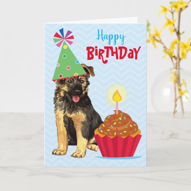 Birthday Cupcake German Shepherd Card (Yellow Flower)